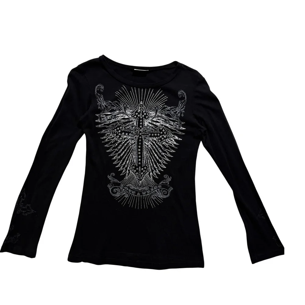 Vocal Black Rhinestone Cross Graphic Long Sleeve Top USA Size Small Y2K - Picture 3 of 6